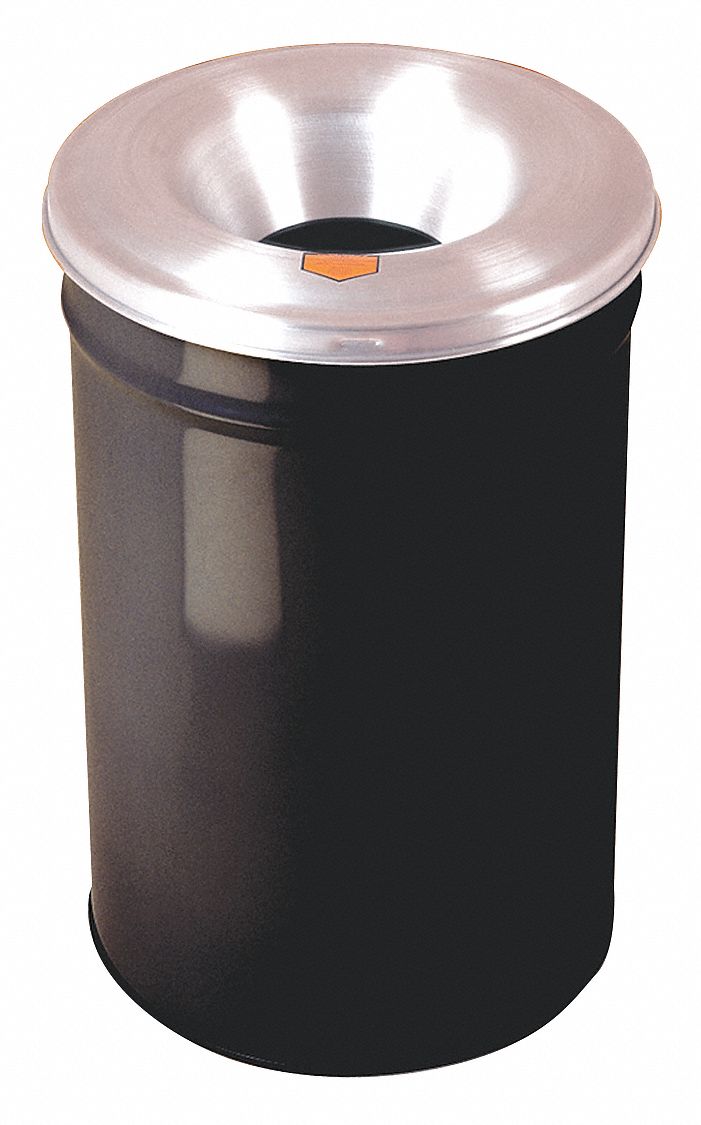 TRASH CAN, STEEL, FUNNEL TOP, BLACK, 55 GALLON CAPACITY, 35½ IN OVERALL H