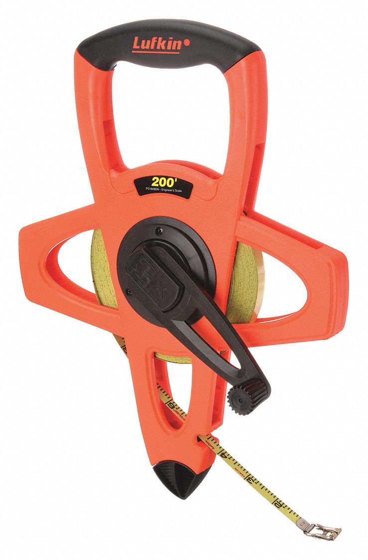 Long Tape Measure: Manual, PS1808DN, SAE/Engineers Scale, 200 ft, 1/100 ft, Steel