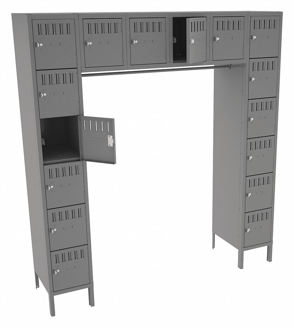 Box Locker Unit with Coat Rod: 72 in x 18 in x 78 in, 6 Tiers, 6 Units Wide, Louvered, Gray