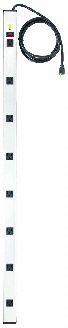 OUTLET STRIP, 8 OUTLETS, 6 FT CORD, 15 A MAX, GREY, NEMA 5-15P, POWER INDICATOR