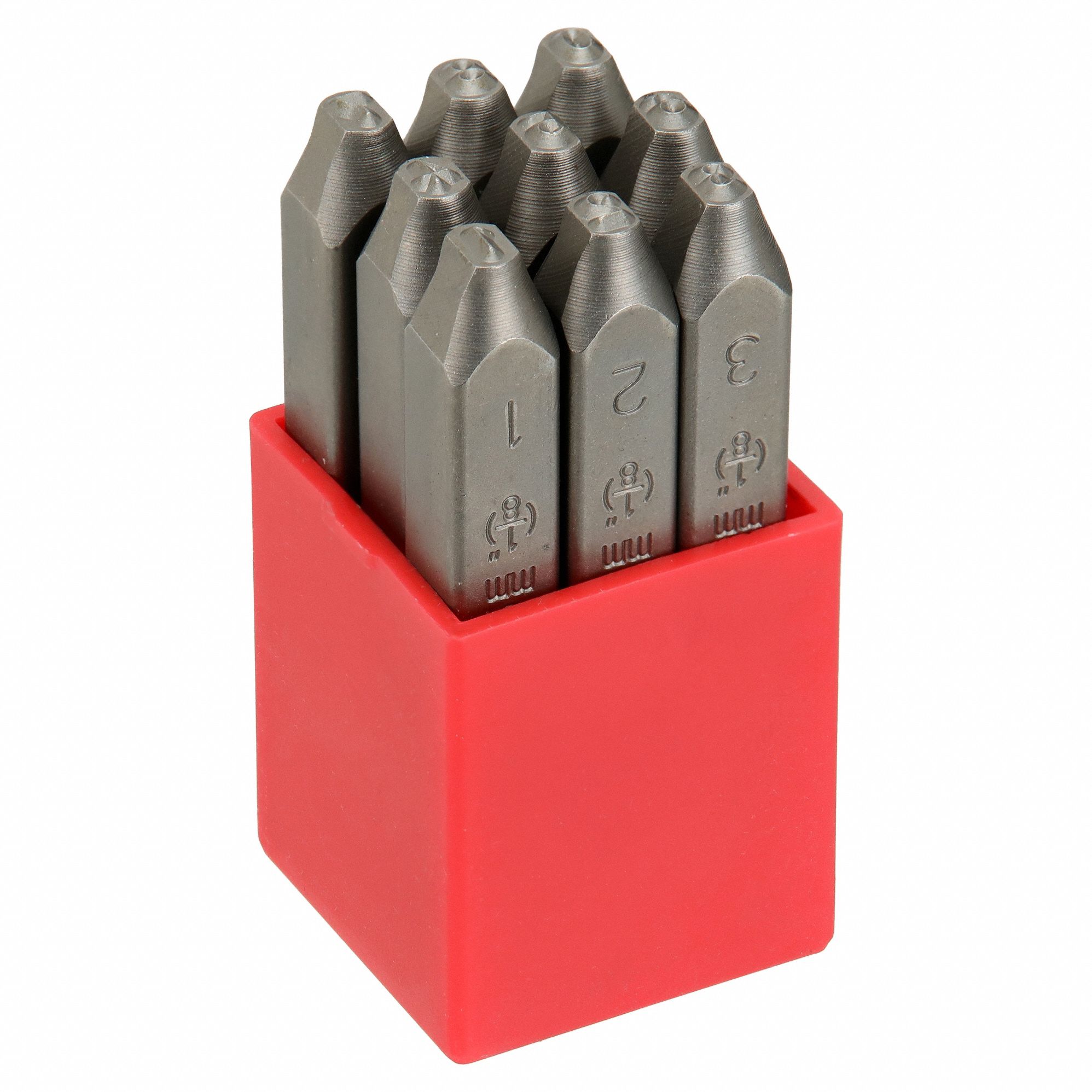 Hand Stamp Kit: 0 thru 9 (6 doubles as 9), 1/8 in Character Ht, 2 3/4 in Shank Lg