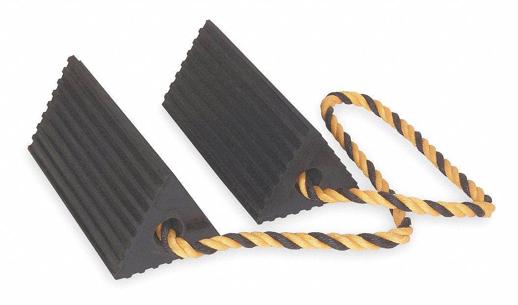 WHEEL CHOCK, RUBBER, 10 IN OVERALL L, 5 IN OVERALL W, 4½ IN OVERALL H, 2 CHOCKS, BLACK