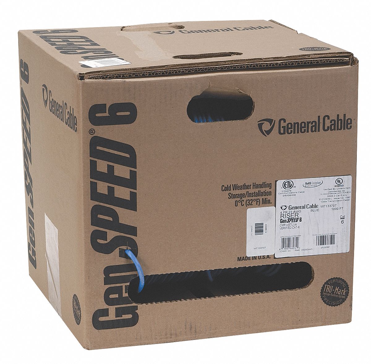 Category Cable: 1,000 ft Spool Lg, Blue, Reel in a Box, 23 AWG Conductor Size - Data Cable
