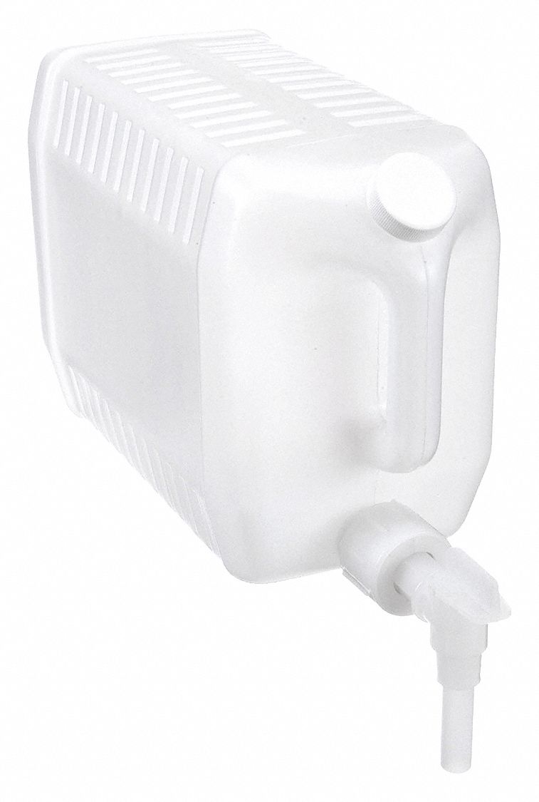 Jug: 9.46 L Capacity - mL, 2.5 gal Capacity - oz, Screw On/Spigot, HDPE, Blow Molded Handle, White