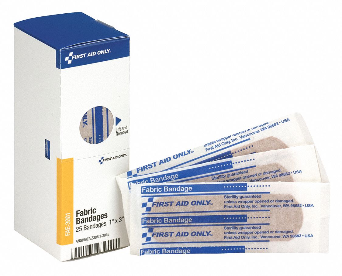 Adhesive Bandage: Strip Bandages, 1 in Wd, 3 in Lg, Not Metal Detectable, Fabric