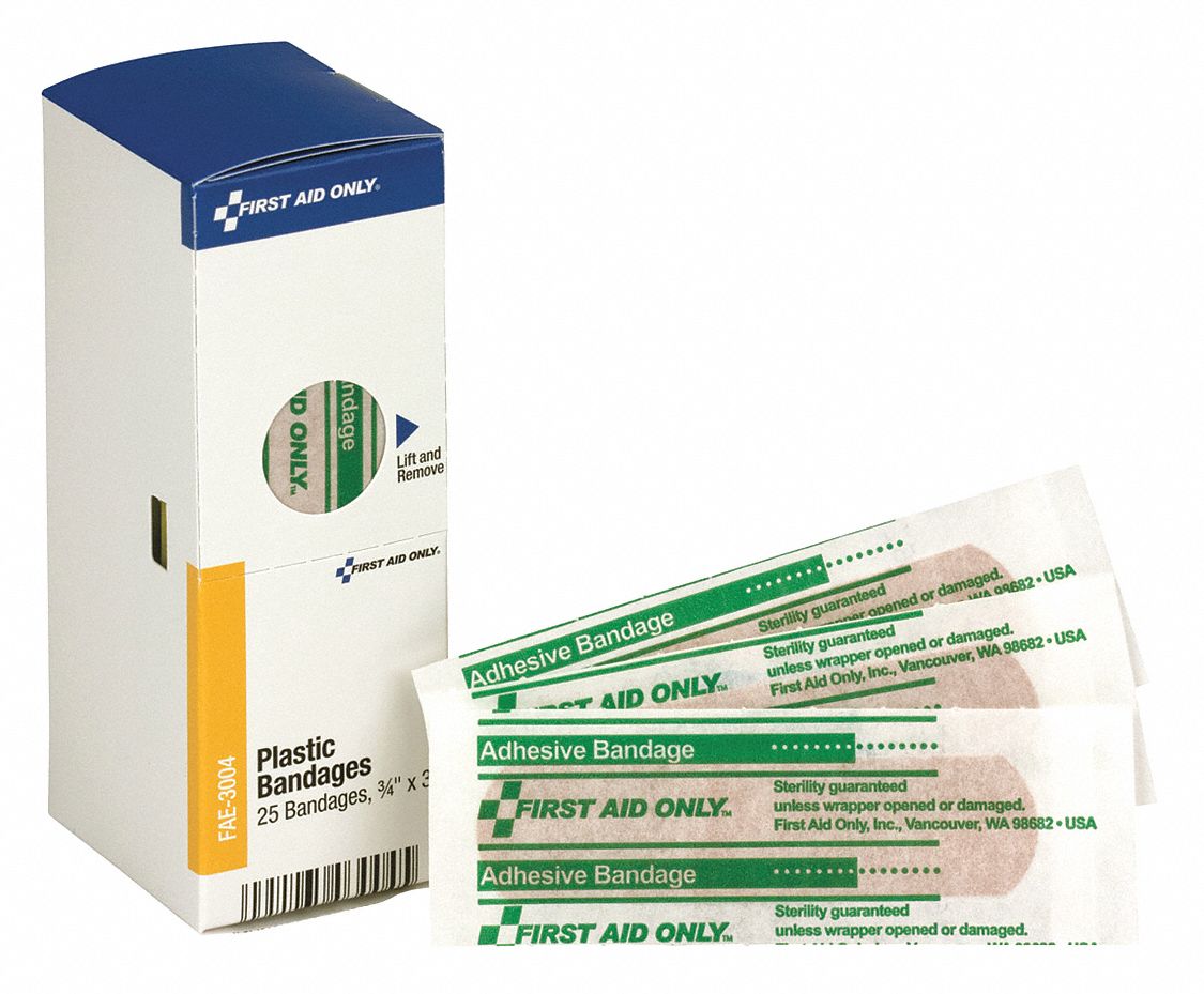Adhesive Bandage: Strip Bandages, 3/4 in Wd, 3 in Lg, Not Metal Detectable, Plastic