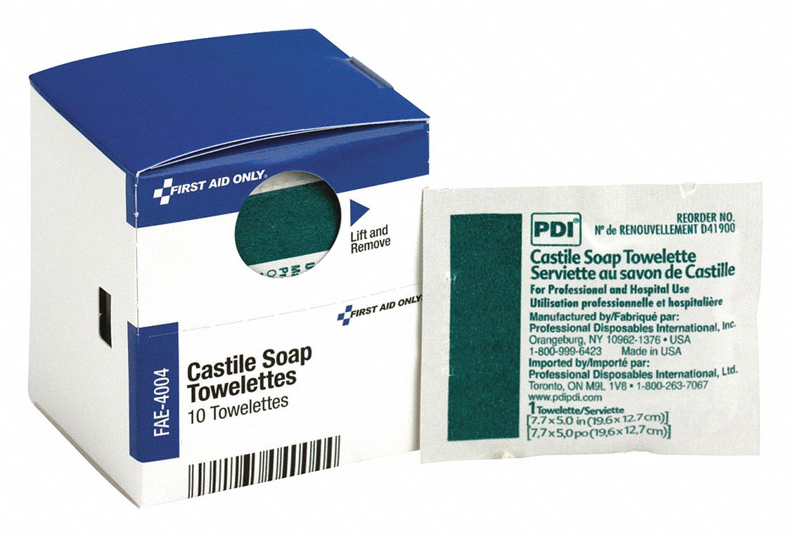 Castile Soap Towelettes,  Wipes,  Box, Wrapped Packets,  —,  PK 10