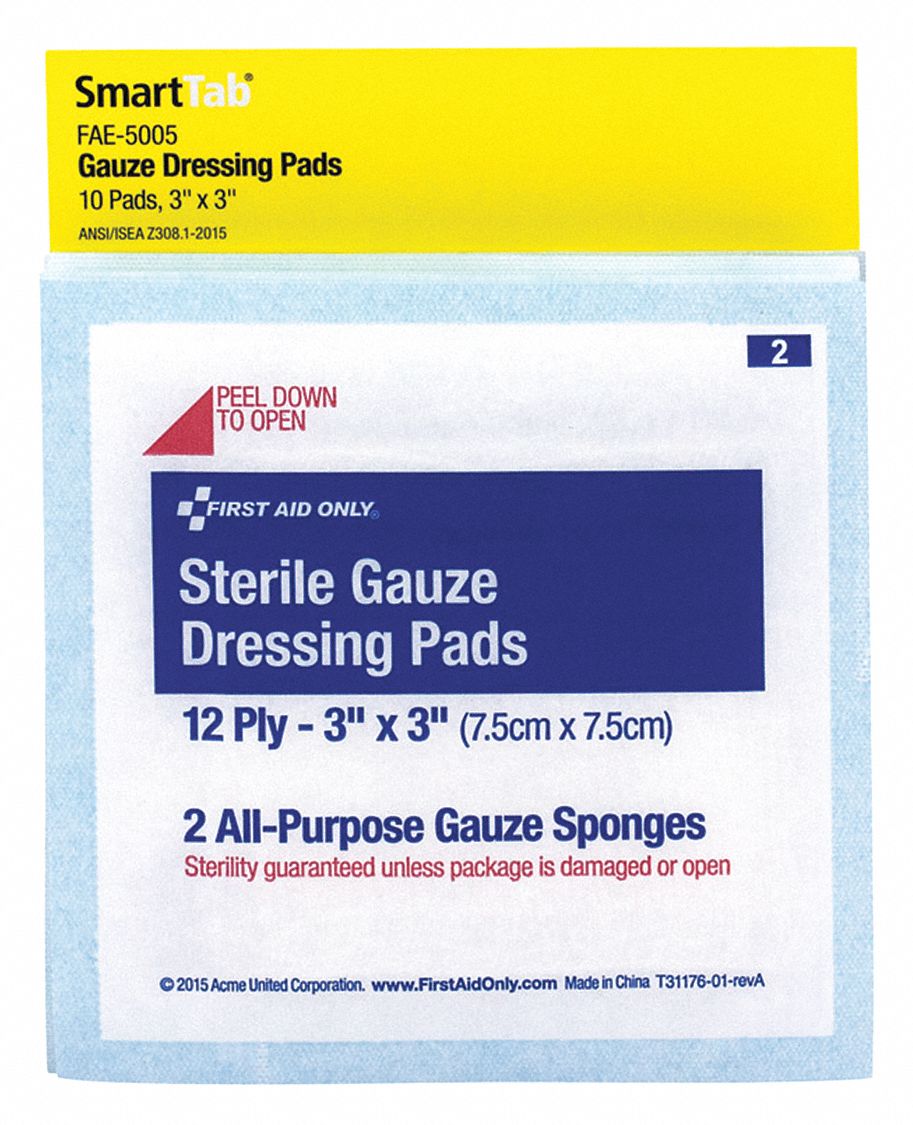 FIRST AID ONLY Gauze Dressing Pad, Bag, Sterile, Cotton, Includes (10
