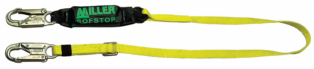 Shock-Absorbing Lanyard: Shock Pack, Steel Snap Hook, Steel Snap Hook, 310 lb Capacity