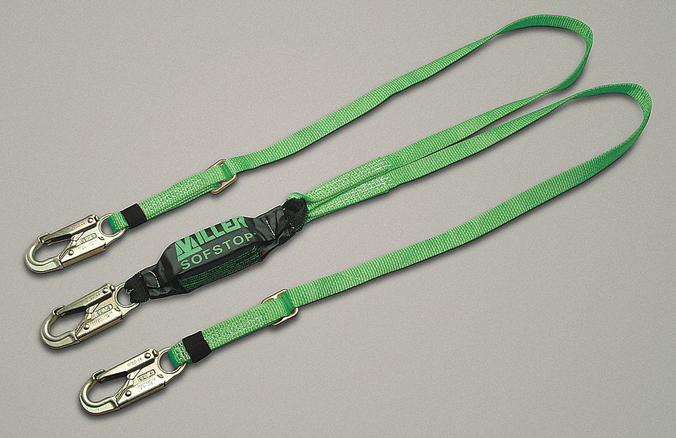 Shock-Absorbing Lanyard: Shock Pack, Steel Snap Hook, Steel Snap Hook, 310 lb Capacity, Green