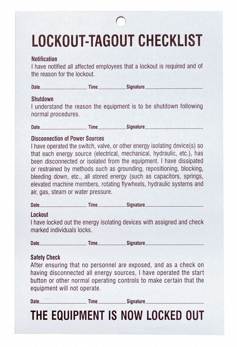 PRINZING Lockout/Tagout Checklist,PK 50 - 3WNY7|11907-6 - Grainger