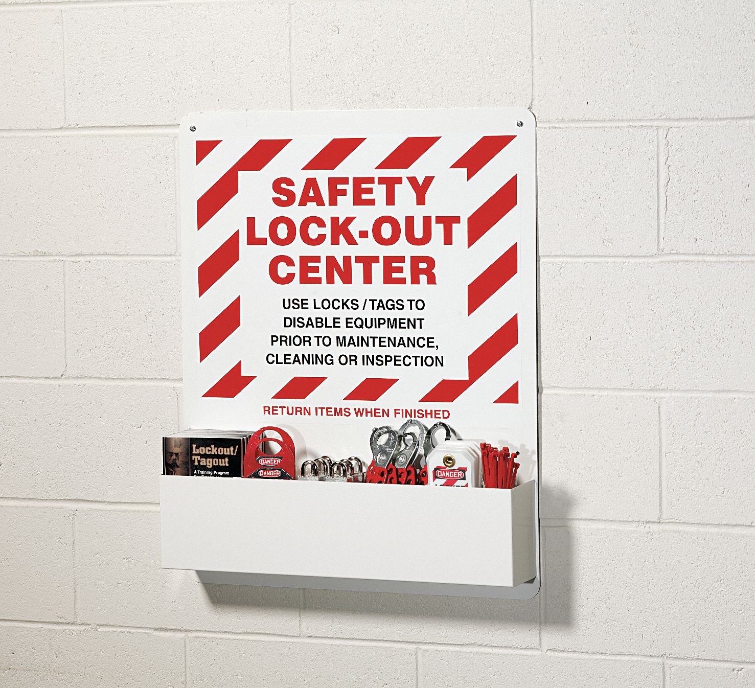 LOCKOUT STATION, ALUMINUM, 6 PADLOCKS INCLUDED, 4.5 IN D X 30 IN H X 24 IN W, ENGLISH, OSHA