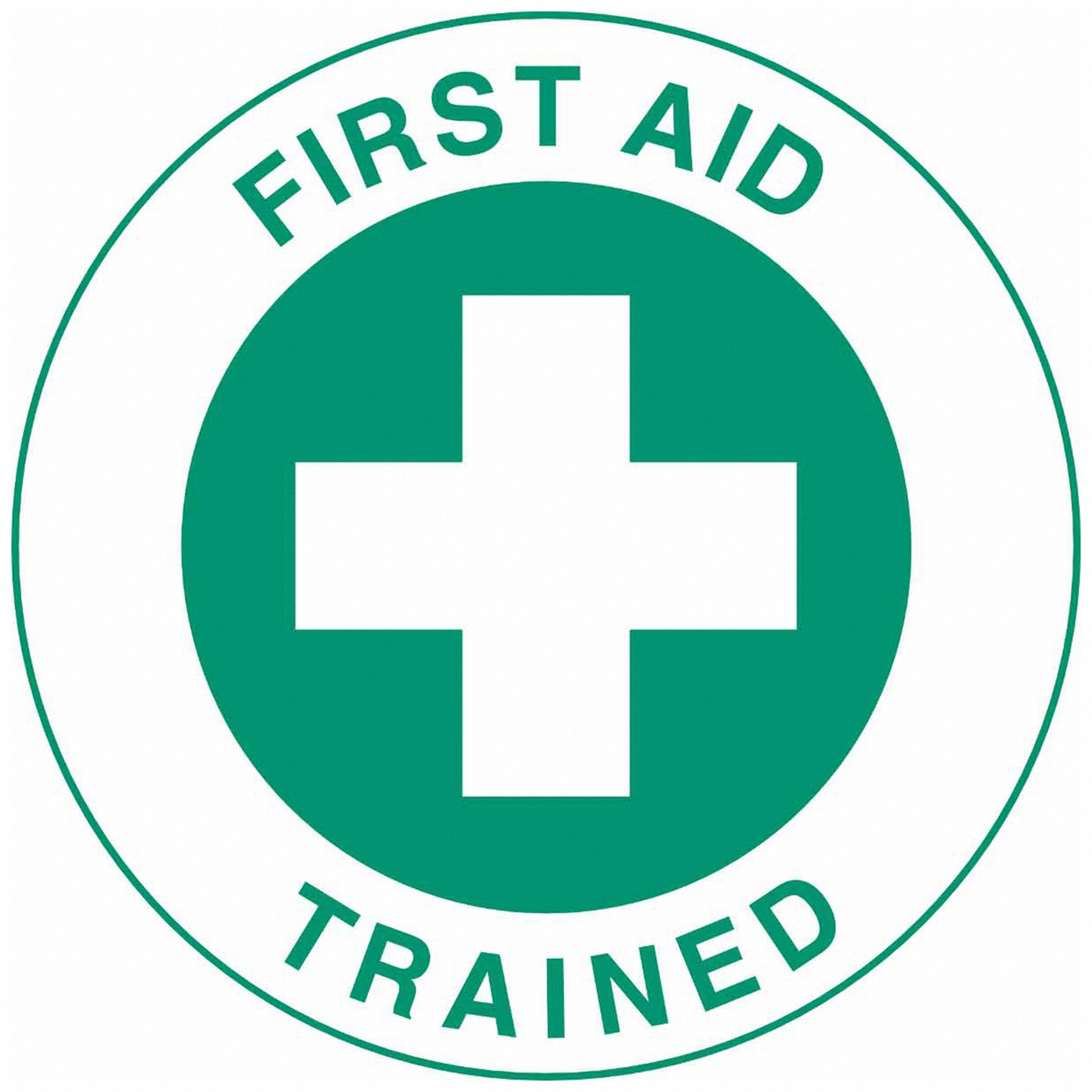 Hard Hat Label: First Aid Trained, 2 in Dia, English, Non-Reflective, 4 Labels, Circle, Std, 4 PK