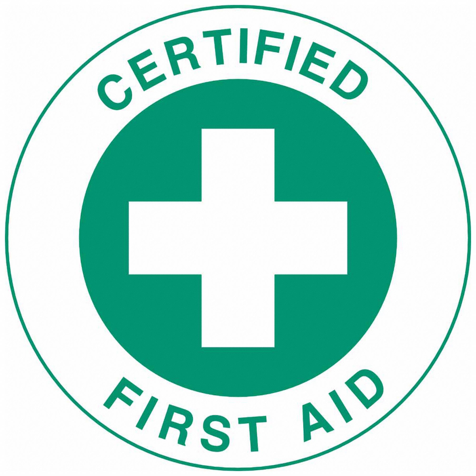 HARD HAT LABEL, CERTIFIED FIRST AID, 2 IN DIAMETER, ENGLISH, NON-REFLECTIVE, 4 PK
