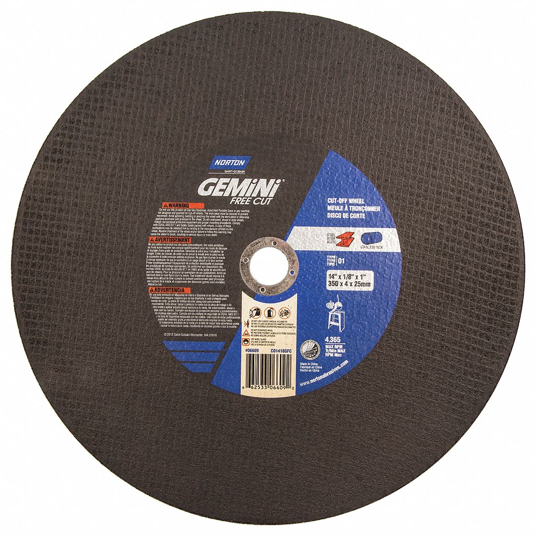 Abrasive Cut-Off Wheel: Type 1, 14" x 1/8" x 1", Aluminum Oxide, 30 Grit, Gemini Free Cut