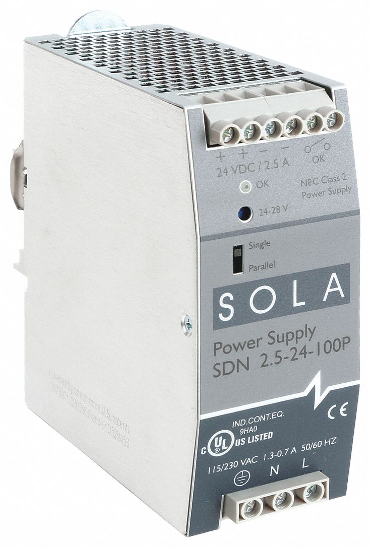 DC Power Supply: DIN Rail, 60 W Output Power - Rated, 2.5 A Current - Output, Single Phase