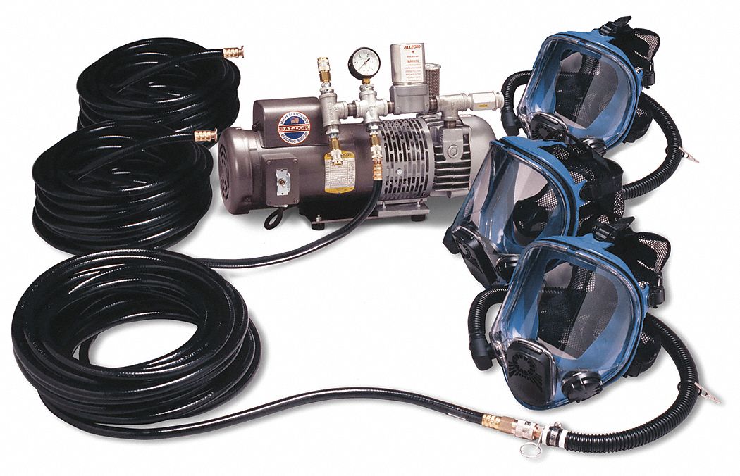 Supplied Air Pump Package: 50 ft Hose Lg, 1 1/2 hp Pump Horsepower, Full Face Mask, 3 Users
