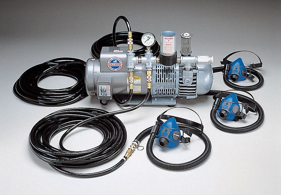 Supplied Air Pump Package: 100 ft Hose Lg, 1 1/2 hp Pump Horsepower, Half Mask, Allegro 9215