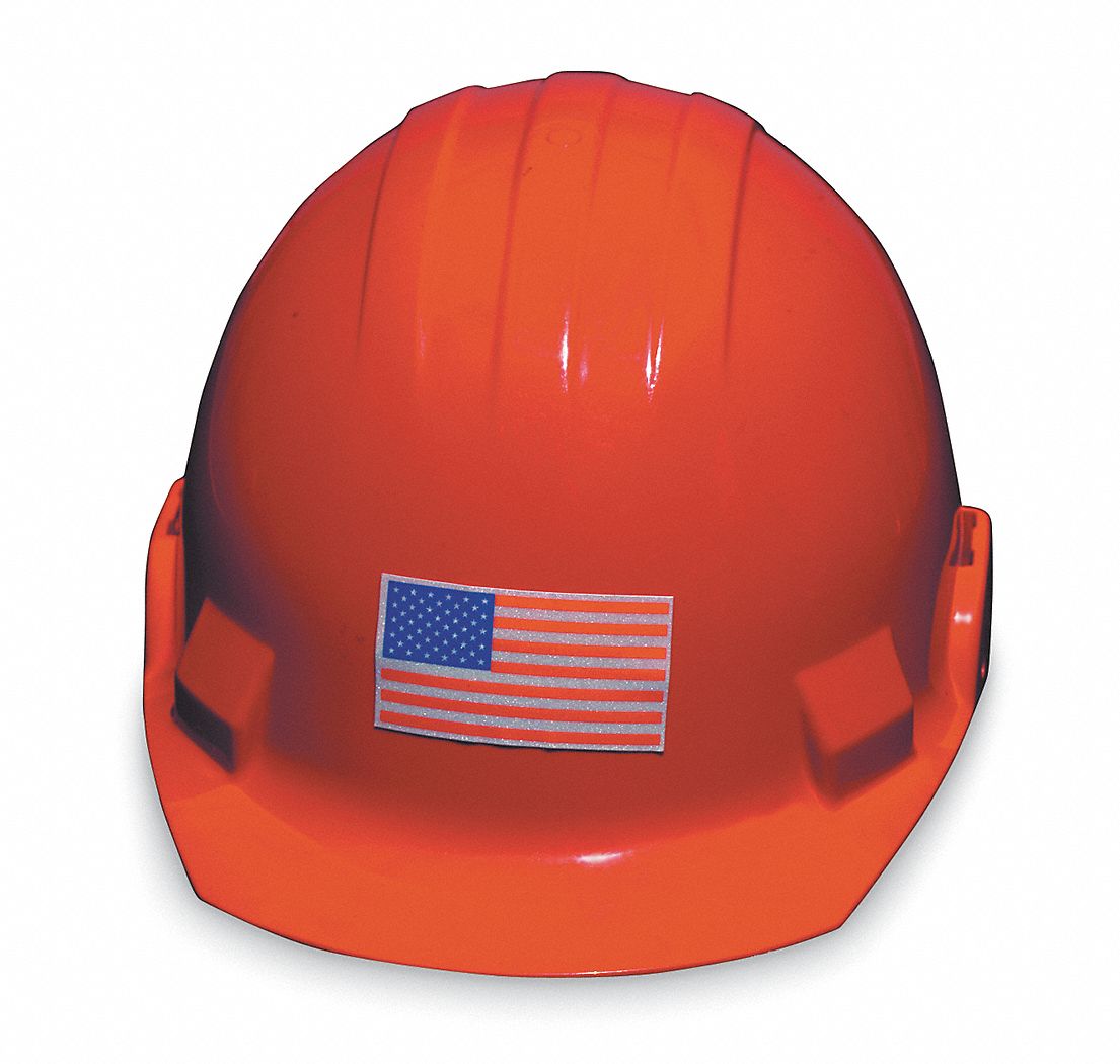 Hard Hat Label: American Flag, 1 3/4 in Wd, 1 in Ht, English, Engineer-Grade Retroreflective, 5 PK