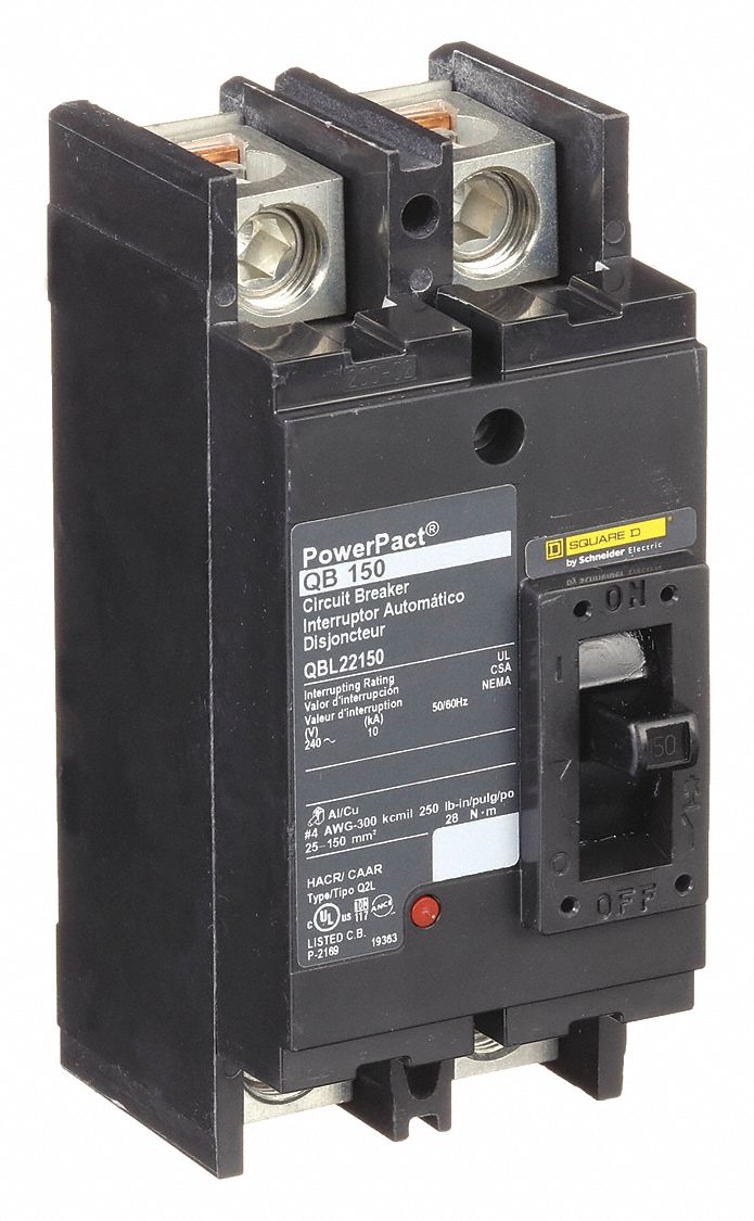 Molded Case Circuit Breaker: 150 A Amps, 10kA at 240V AC, Fixed, Line/Load Lug, 2 Poles, 240V AC, QB