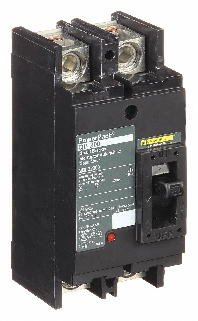 Molded Case Circuit Breaker: 200 A Amps, 10kA at 240V AC, Fixed, Line/Load Lug, 2 Poles, 240V AC, QB