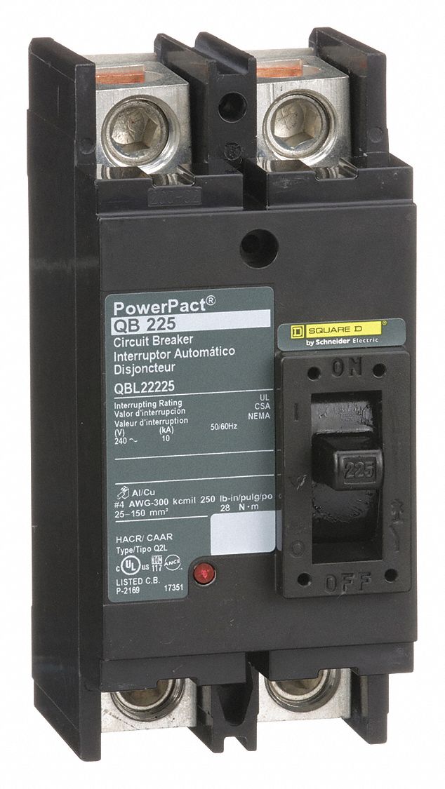 Molded Case Circuit Breaker: 225 A Amps, 10kA at 240V AC, Fixed, Line/Load Lug, 2 Poles, 240V AC, QB