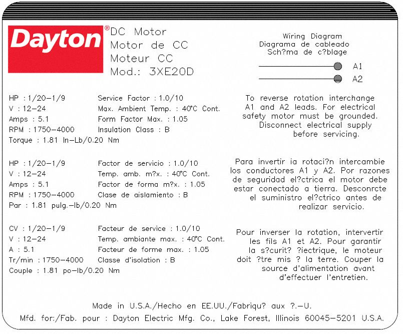 Dayton Dc Permanent Magnet Motor 1 1 9 Hp Non Standard Frame Nameplate Rpm 1 725 4 000 3xe 3xe Grainger