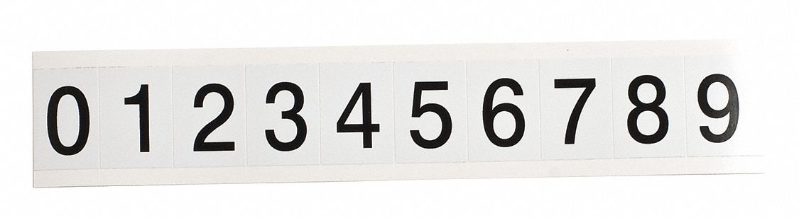 Number Label Set: 1 in Character Ht, Indoor/Outdoor, Non-Reflective, Gothic, Black, 0 to 9, 25 PK