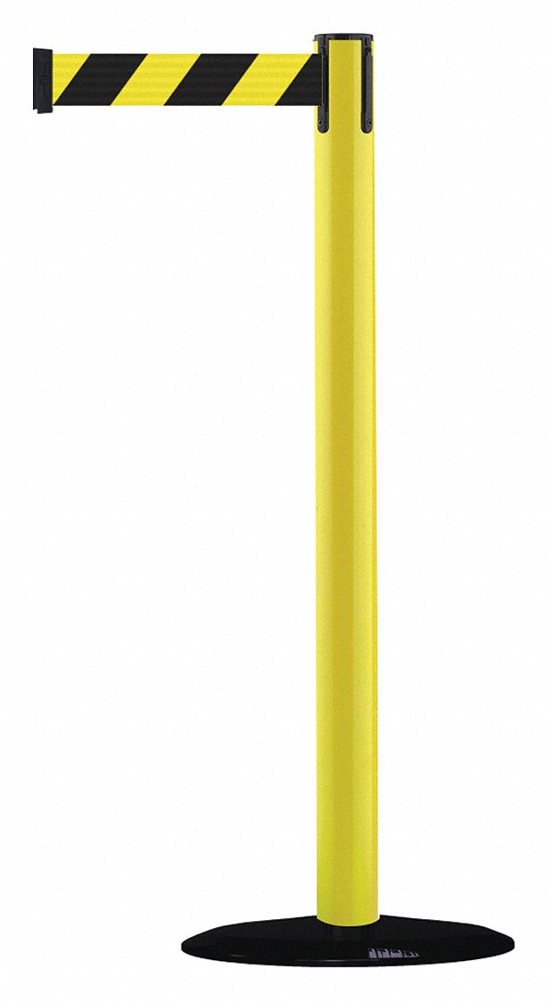 Barrier Post with Belt: Black/Yellow, Chevron, No Legend, 7 1/2 ft Belt Lg, Yellow