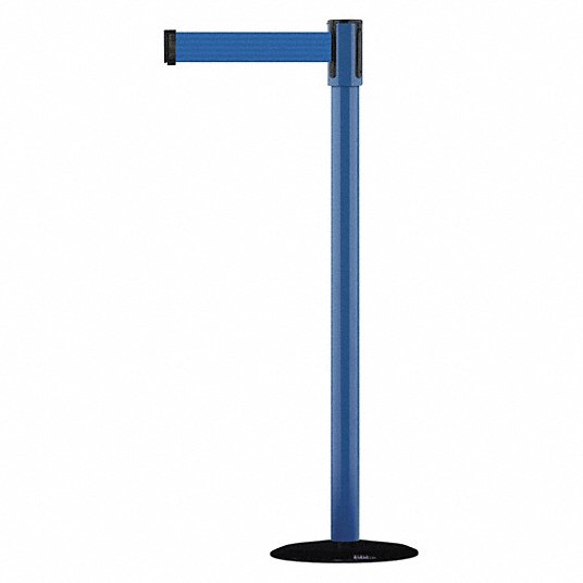 Barrier Post with Belt: Steel, Blue, 38 in Post Ht, 2 in Post Dia., Basic, 1 Belts