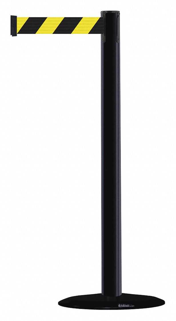 Barrier Post with Belt: Black/Yellow, Chevron, No Legend, 7 1/2 ft Belt Lg, Black