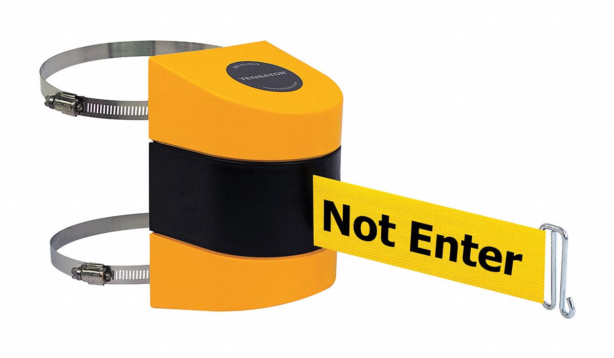 Retractable Belt Barrier: Hose Clamp Mounting Plate, 30 ft Belt Lg, Caution Messaging