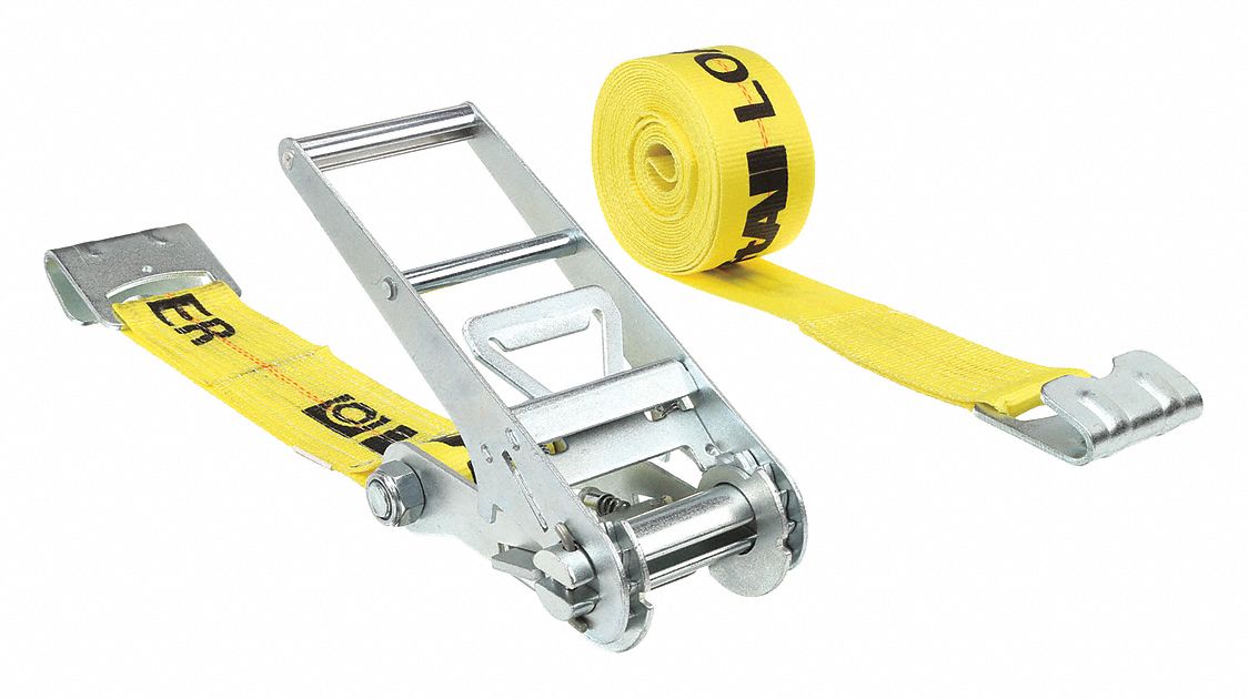 TIE DOWN STRAP, RATCHET, FLAT-HOOK, GEN PURPOSE, 3 IN W, 5,000 LB WLL, YELLOW, 27 FT L