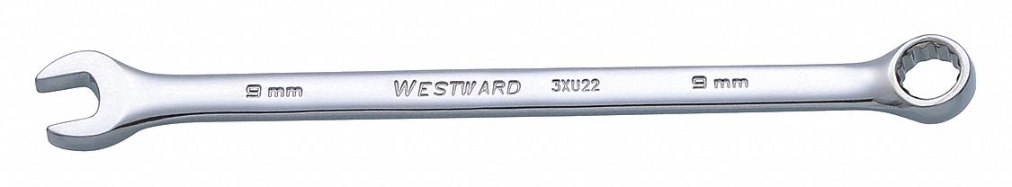 Combination Wrench: Alloy Steel, Chrome, 9 mm Head Size, 6 1/2 in Overall Lg, Offset