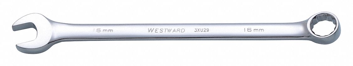 Combination Wrench: Alloy Steel, Chrome, 16 mm Head Size, 9 1/2 in Overall Lg, Offset
