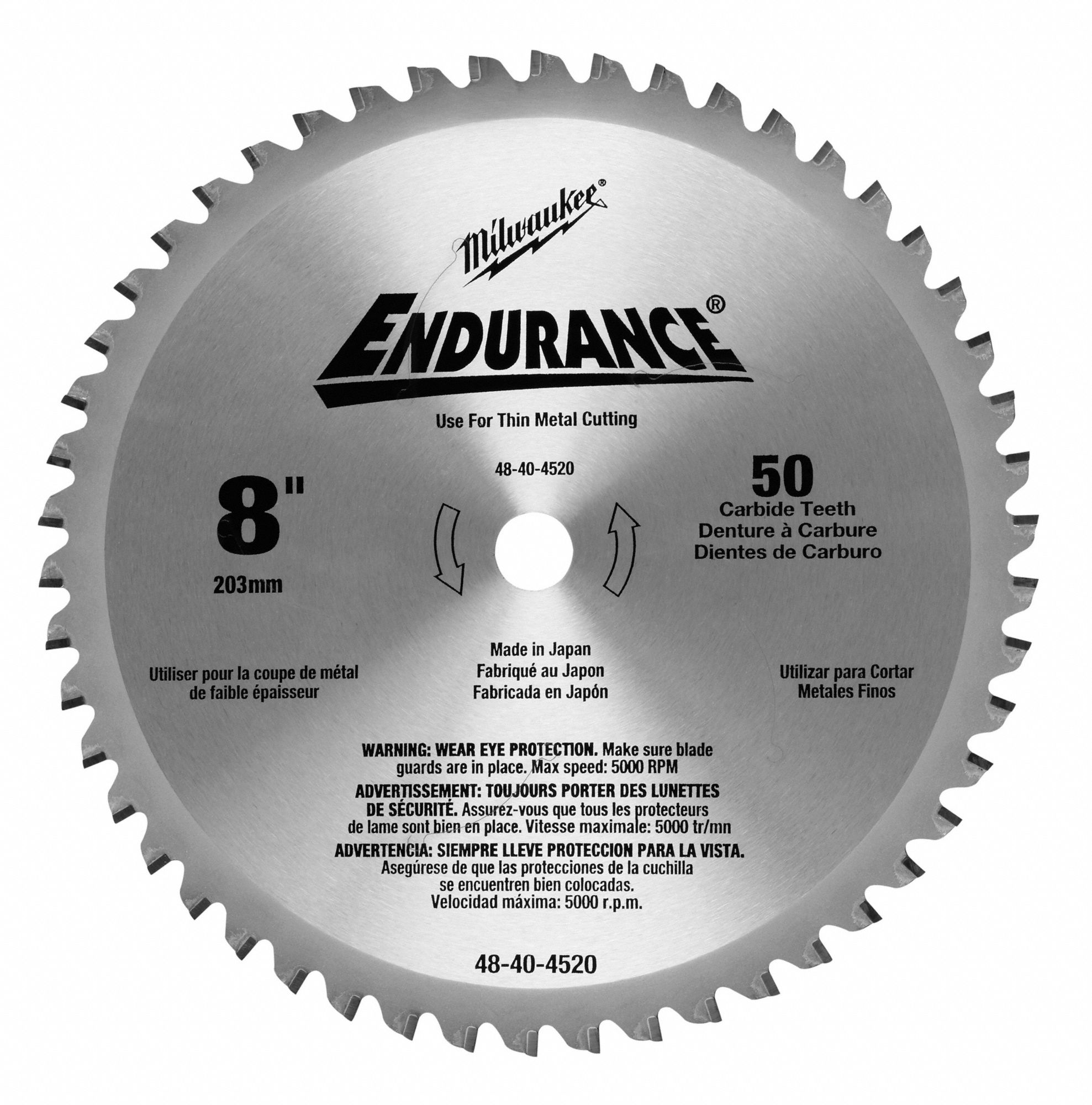 CIRCULAR SAW BLADE, STEEL/CARBIDE, 8 IN DIA, 50, ⅝ IN, 5000 RPM, FOR METAL