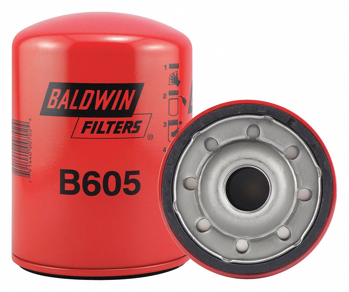 Oil Filter: B605, 1 1/8"-16 Thread Size, 5 7/8 in Overall Ht, 4 1/4 in Outside Dia