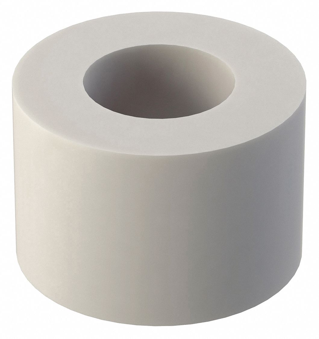 Spacer: #10 Screw Size, 1/4 in Overall Lg, Round, Nylon, Plain, Nylon, 10 PK