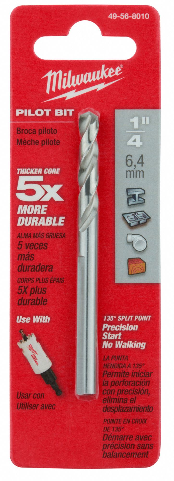 MILWAUKEE Pilot Drill Bit, 1/4 in, Flat, High Speed Steel 3Y0874956