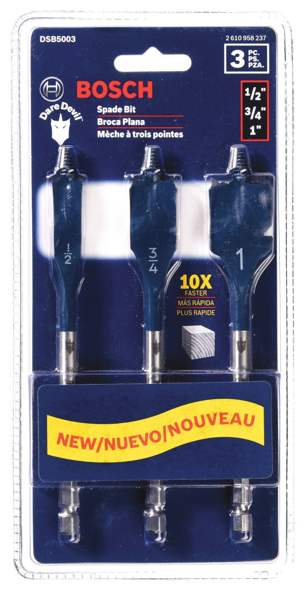 Spade Drill Bit Set: 6 in Overall Lg, Bright (Uncoated), 1/4 in Shank Hex Size, 3 Drill Bits