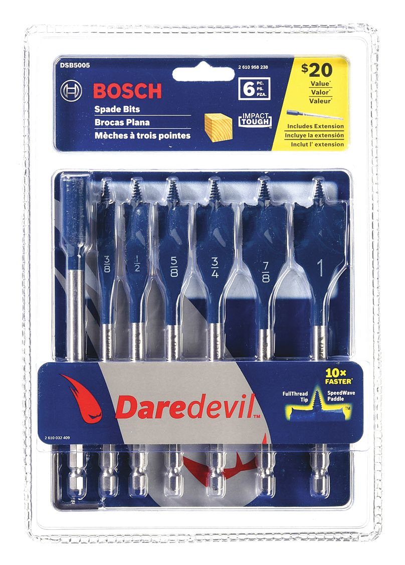 BOSCH, 6 in Overall Lg, Bright (Uncoated), Spade Drill Bit Set 3YDZ2