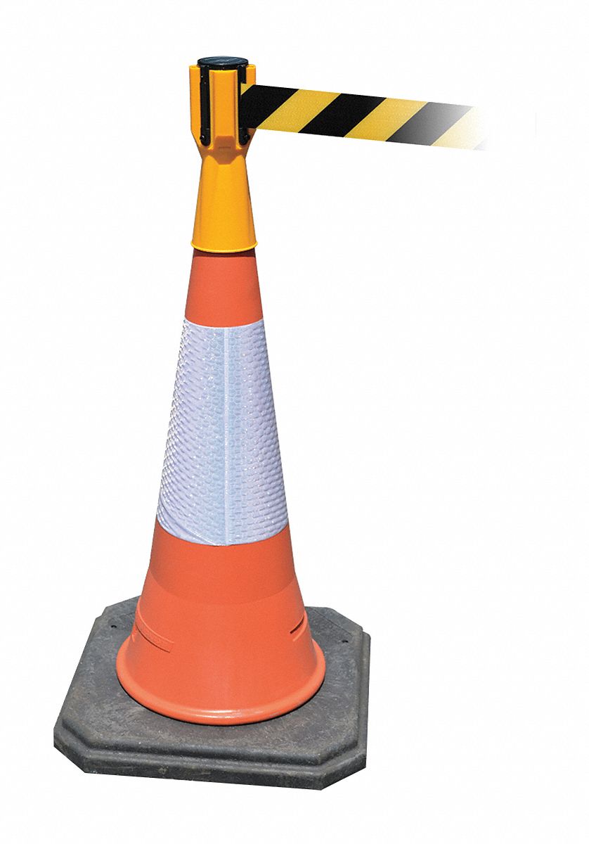 Retractable Barrier Tape: Blank, 3/4 ft Overall Ht, Black/Yellow, 9 in Belt Ht, Yellow, Plastic