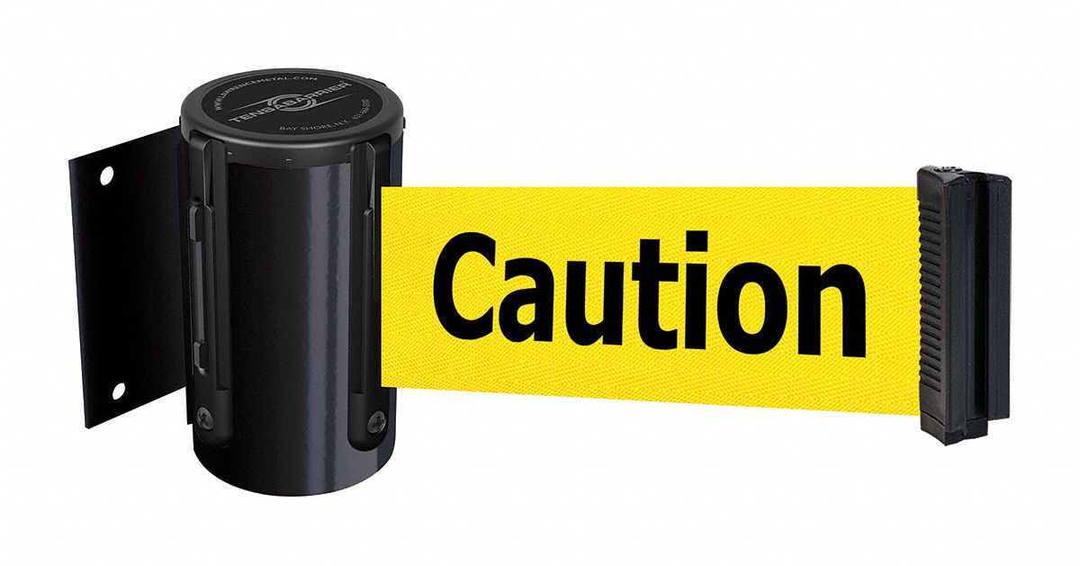 Retractable Belt Barrier: Fixed Mounting Plate, 7 1/2 ft Belt Lg, Caution Messaging