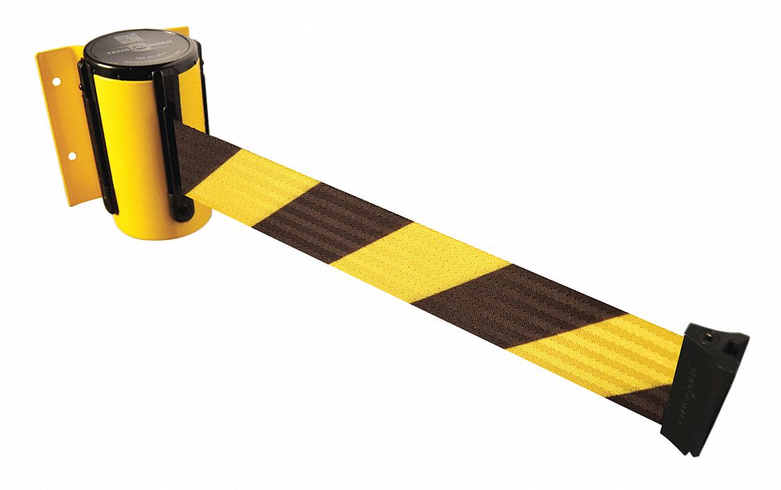 Retractable Belt Barrier: Fixed Mounting Plate, 7 1/2 ft Belt Lg, Pattern, Black/Yellow
