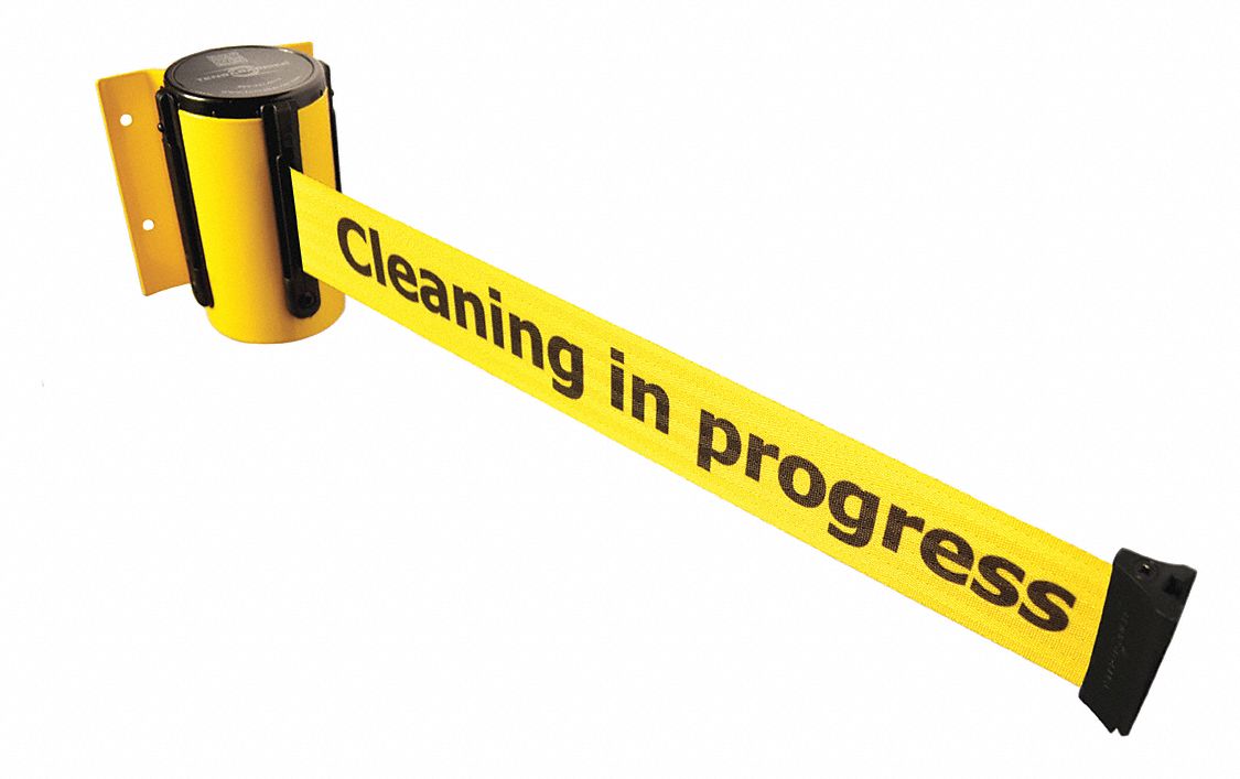 TENSABARRIER, Yellow Belt with Black Writing, Cleaning in Progress