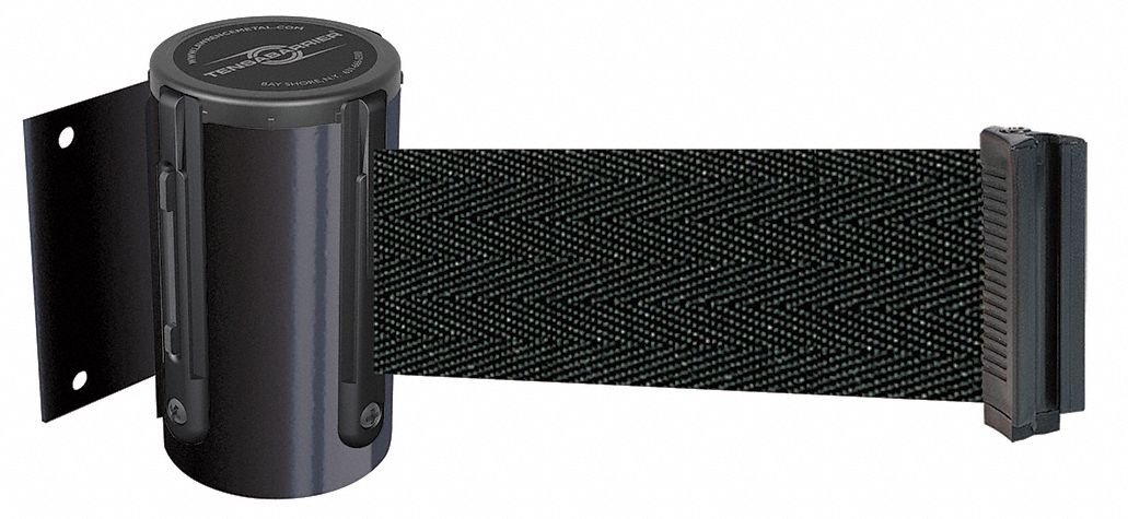 Retractable Belt Barrier: Fixed Mounting Plate, 13 ft Belt Lg, No Pattern, Black