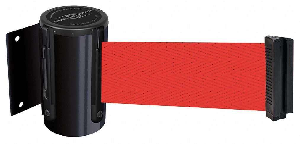 Retractable Belt Barrier: Fixed Mounting Plate, 12 ft Belt Lg, No Pattern, Red