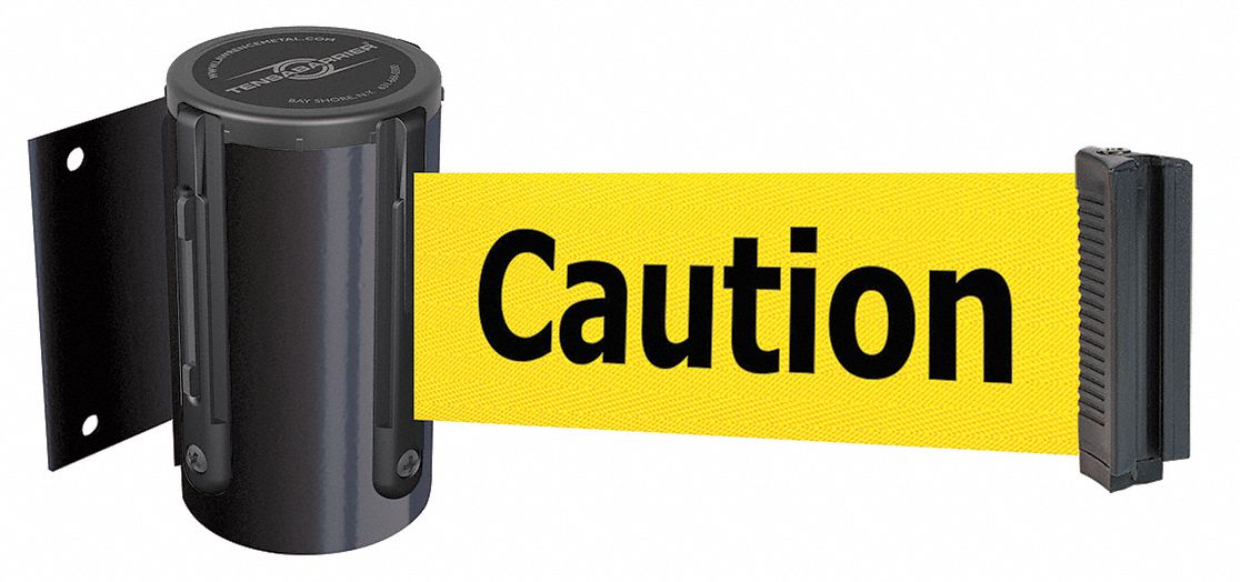 Retractable Belt Barrier: Fixed Mounting Plate, 13 ft Belt Lg, Caution Messaging