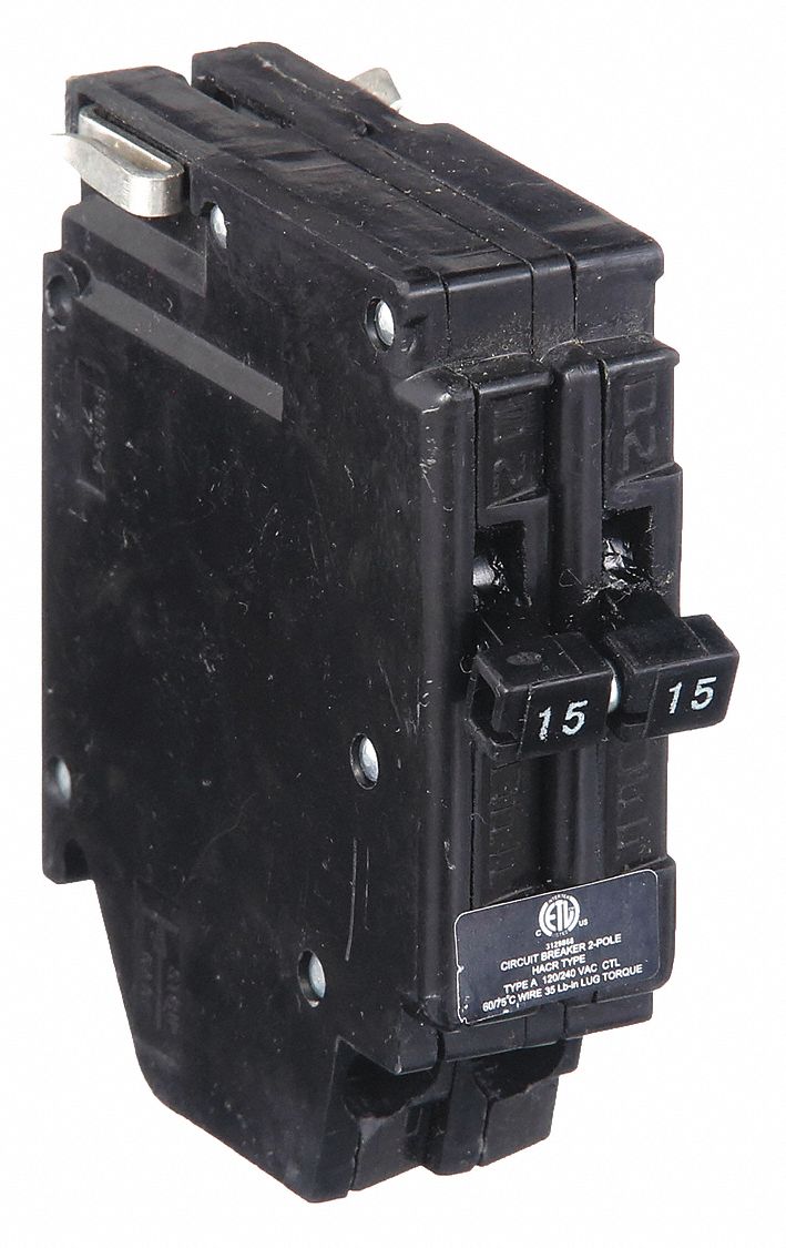 Miniature Circuit Breaker: 15 A Amps, 120/240V AC, 1 in Wd, 10kA at 120/240V AC, 2 Poles
