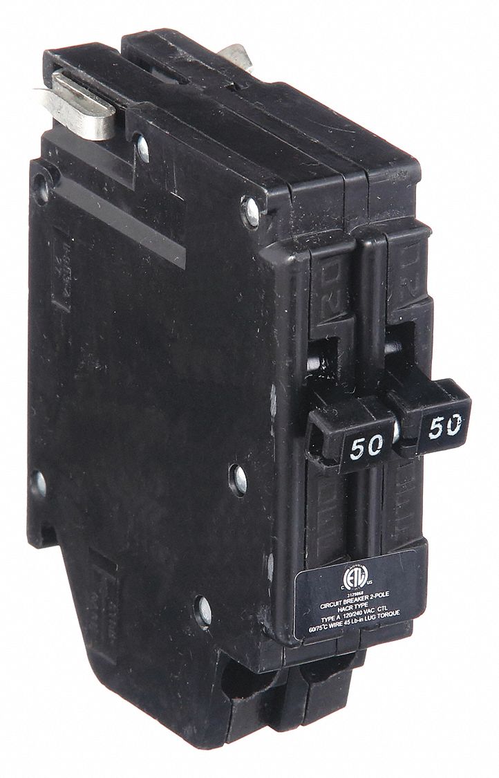 Miniature Circuit Breaker: 50 A Amps, 120/240V AC, 1 in Wd, 10kA at 120/240V AC, 2 Poles